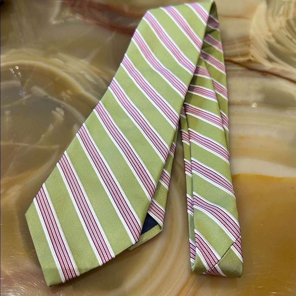Allen Silk Made In Italy Green and Pink Striped Tie